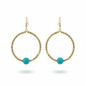 Blue and Gold Tone Beaded Hoop Earrings Costume Jewelry
